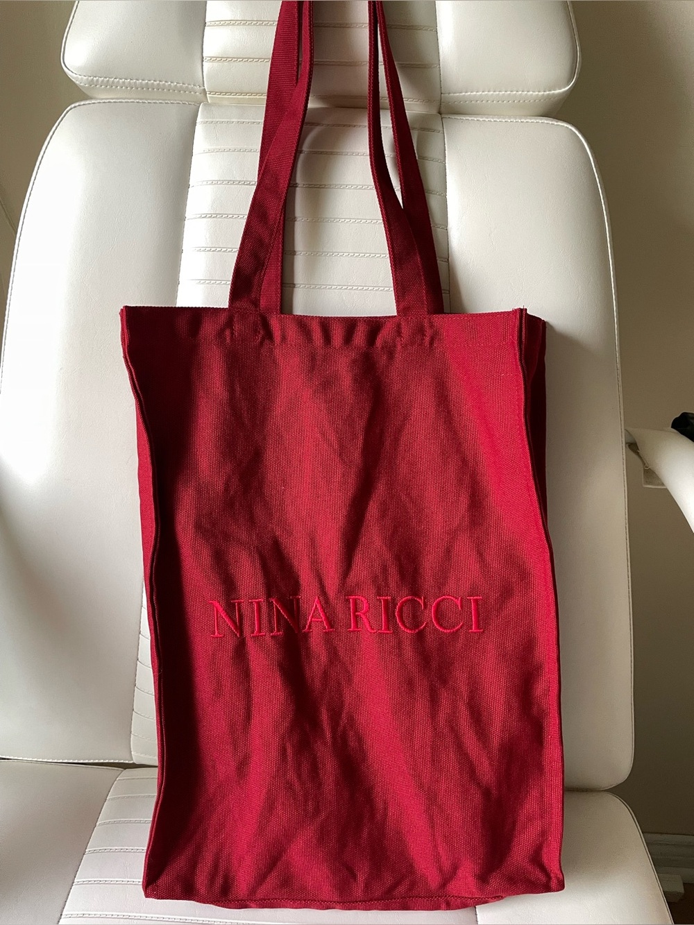 Authentic Nina Ricci Red Cotton Canvas Boutique Tote Bag Embroidered Logo